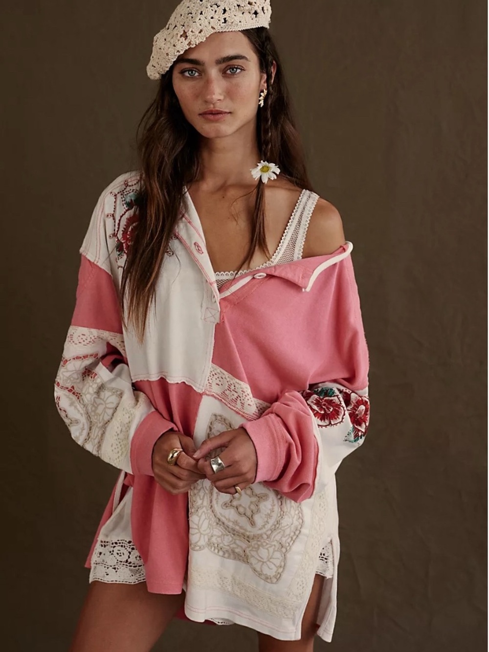 We The Free Attic Craft Polo – Pink & Ivory Embroidered Patchwork